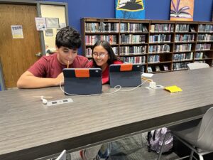 Two students studying in the library.