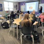 Students raising their hands in a business class.