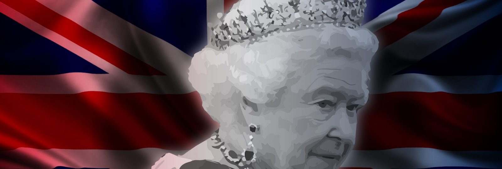 The queen standing in front of the british flag