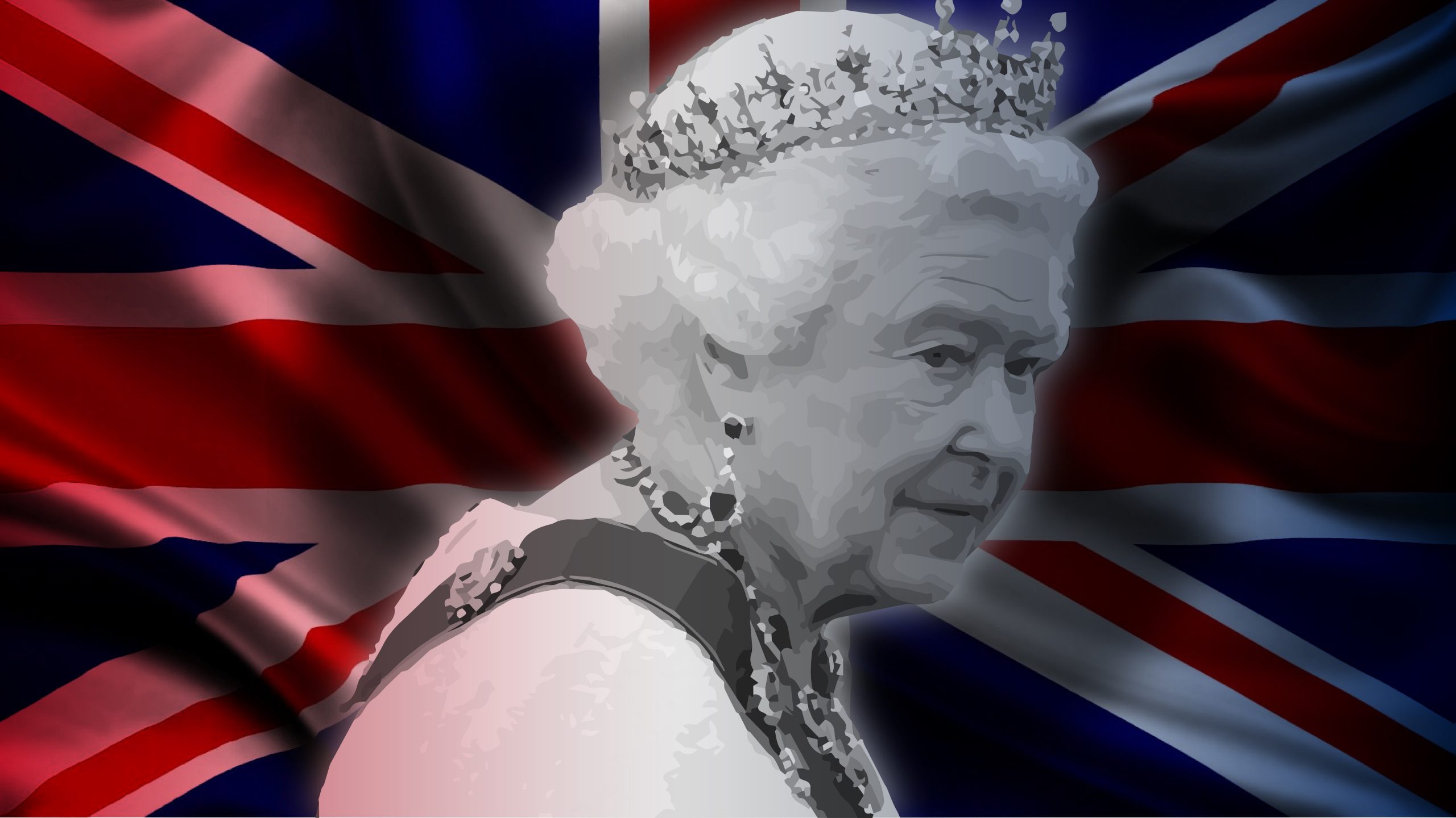 The queen standing in front of the british flag